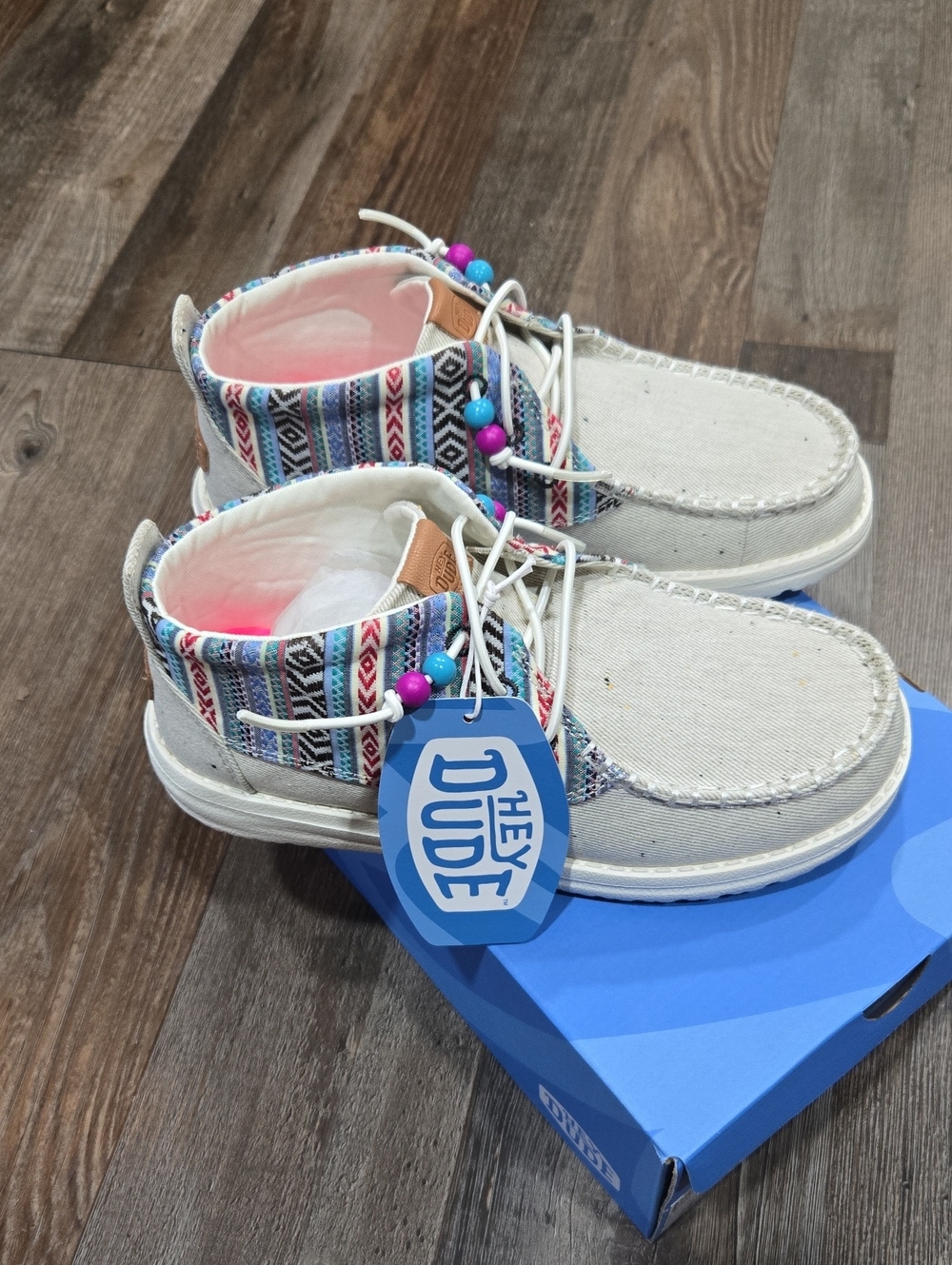 Hey Dude Women's Beige Canvas Sneakers with Colorful Aztec Collar